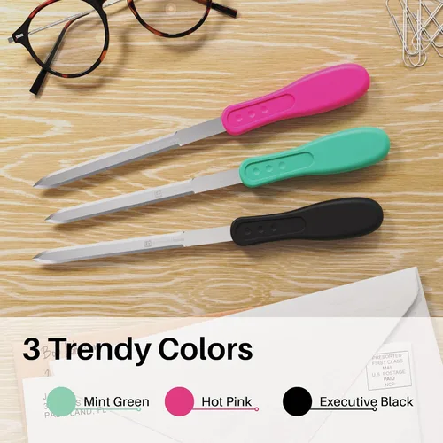 Vista 2 de Uncommon Desks Abrecartas de oficina - Hoja de acero inoxidable con borde de cuchillo, mango de agarre ergonómico (negro, 1 pieza)