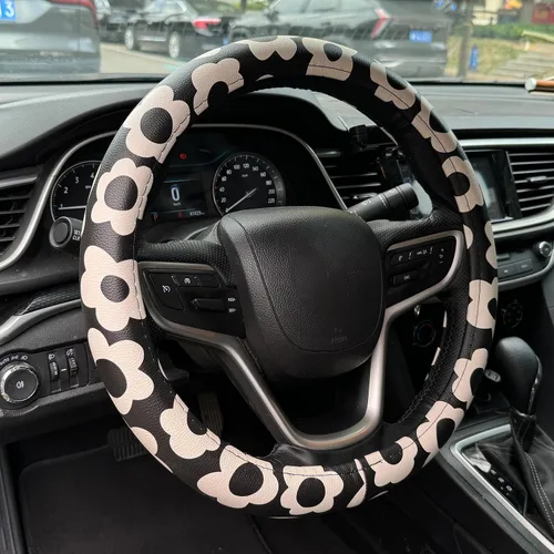 Funda de cuero para volante de automóvil con diseño vintage Groovy Flowers, microfibra universal de 15 pulgadas, suave, transpirable y silicona Negro
