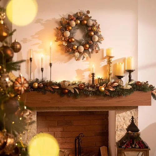 Vista 2 de Valery Madelyn - Guirnalda de Navidad de 1,8 m, preiluminada, con luces, para manto, guirnalda navideña iluminada para exteriores, con bolas