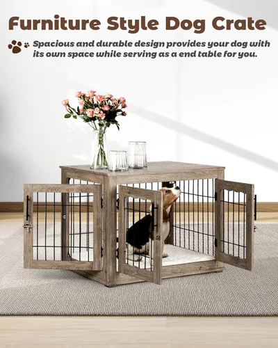 Vista 7 de Upolana Muebles de jaula para perros, jaulas medianas de 32 pulgadas con alfombrilla de cama, muebles de madera para perreras, mesa auxiliar