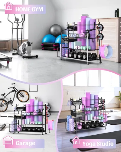 Vista 6 de Mythinglogic Weight Rack for Dumbbells, Home Gym Storage for Yoga Mat Dumbbells Kettlebells and Strength Training Equipment, Dumbbell Rack with