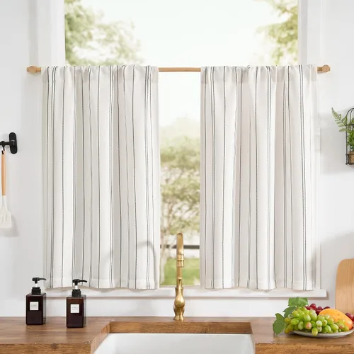 jinchan Cortinas de lino a rayas para ventanas de cocina Rayas | Blanco