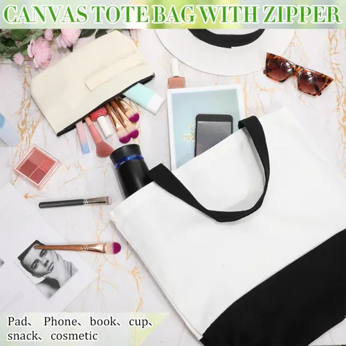 Vista 5 de Sanwuta 30 Bolsas Tote de Lona a Granel con Bolsa Cosmética con Cremallera, Bolsa de Compras de Algodón Reutilizable de 18.5" con Asa para Negro