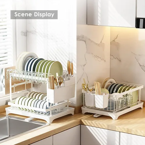 Vista 2 de Escurridor de platos de 2 niveles, estantes de secado de platos de acero al carbono con tabla de escurrir y soporte para cubiertos y tabla de cortar