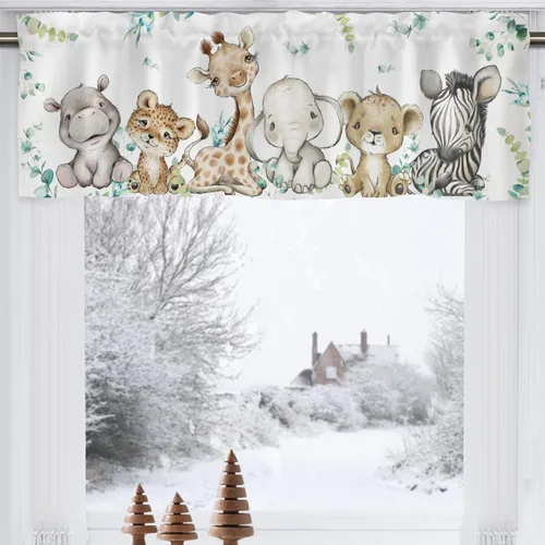 Vista 3 de HawSkgFub Cenefa de cortina unisex de 54 x 18 pulgadas, diseño de jirafa, elefante, cebra, leopardo, león, hoja de eucalipto, decoración del hogar