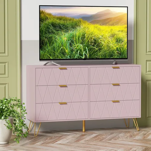 Vista 24 de UEV Cómoda grande negra de 6 cajones, cómoda moderna con cajones anchos y asas de metal, cómoda de almacenamiento de madera para dormitorio, Negro