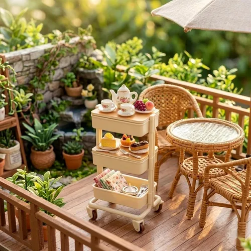 Vista 4 de LOGOFUN Carrito de casa de muñecas en miniatura, carrito de compras, estante de almacenamiento de 3 capas con ruedas para decoración de muebles