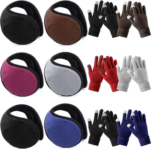 Juego de 12 orejeras de forro polar unisex de invierno y guantes para pantalla táctil, orejeras plegables para invierno y exteriores, calentadores