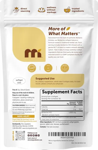 Vista 6 de Micro Ingredients Berberina 1000mg con aceite MCT, 120 cápsulas blandas Berberina HCI de Berberis Aristata Sin OMG, sin gluten, sin soja