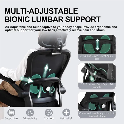 Vista 4 de Ergonomic Office Chair,Ultra Thick Office Desk Chair with Adjustable Lumbar Support and Headrest,Spring Cushion,Rocking Function,Flip-up arms,Mesh