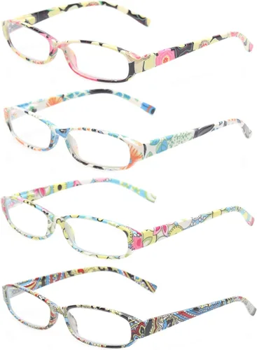 Kerecsen Gafas de lectura, 4 lentes de moda para mujer con diseño floral, lectores clásicos de bisagra de resorte (4.00, paquete de 4 colores