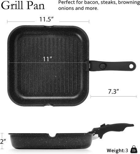 Vista 2 de ESLITE LIFE Sartén antiadherente con mango desmontable, versátil sartén cuadrada para cocinar en interiores y exteriores, libre de PFOA, negro, 11