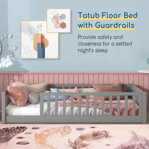 Vista 23 de Tatub Cama de suelo individual con rieles, puerta y listones, marco de cama Montessori de madera para niños y niñas, rosa