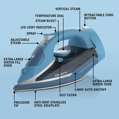 Vista 7 de Hamilton Beach Plancha de vapor para ropa y prendas de vestir con suela de acero inoxidable duradera, 1700 vatios para calor ultrarrápido, cable