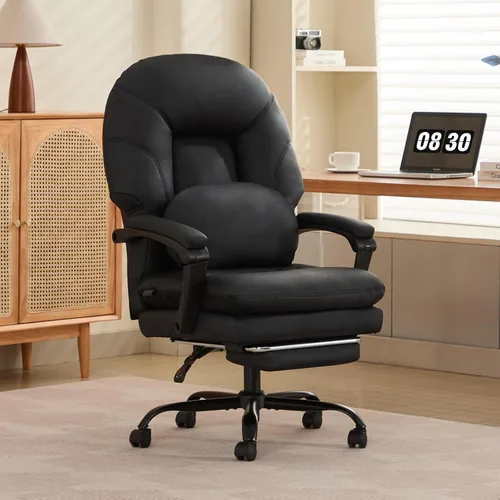 Silla de oficina ergonómica para grandes y altos con soporte lumbar, silla ejecutiva de cuero sintético negro con recordatorio de vibración