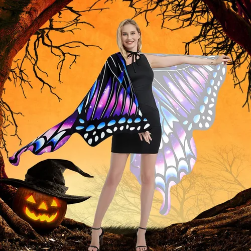 Vista 5 de Disfraz de mariposa para mujer, disfraz de Halloween con alas de mariposa para mujer, con máscara de encaje y diadema de antenas