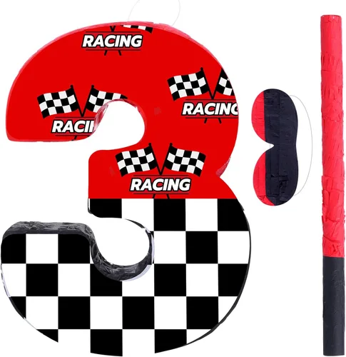 Vista 13 de Piñata de Auto de Carreras con Cuerda de Tirar, Piñatas de Autos para Decoraciones de Fiesta de Cumpleaños Número 2 3 4 5 6 con Venda para los Ojos