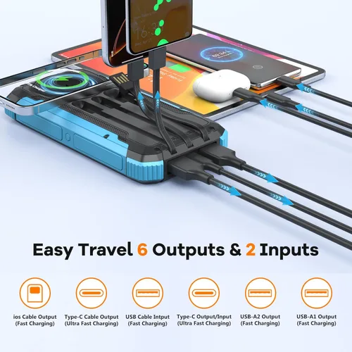 Vista 2 de ERRBBIC Cargador solar de 20000 mAh, cargador inalámbrico portátil, batería externa de carga rápida de 15 W con linterna dual y salidas USB C