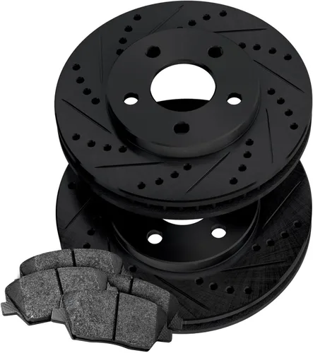 PowerSport - Rotores de freno ranurados delanteros negros perforados y pastillas semimetálicas compatibles con Nissan 720, D21, NP300, Pickup, Urvan