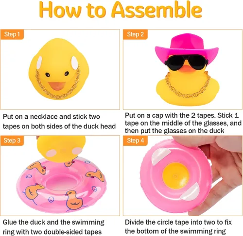 Vista 4 de wonuu Pato de goma para automóvil, decoración de pato amarillo con sombrero para el sol, anillo de natación, collar, gafas de sol para decoración