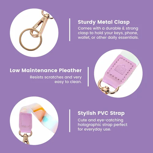 Vista 4 de Cordón de muñeca para llaves/correa de muñeca para USB, cartera pequeña y teléfono/llavero con cierre/llavero holográfico, Lila