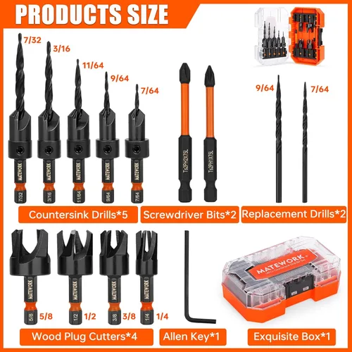 Vista 2 de Juego de brocas avellanadas, 15 piezas M2 cobalto HSS juego de herramientas de carpintería, juego de brocas cónicas de profundidad ajustable con 4