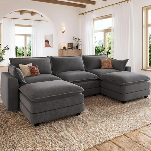 Vista 16 de Sofá de nube en forma de L de 118 pulgadas, sofá modular de gran tamaño con otomana móvil, cómodo sofá de felpilla de 4 plazas con asiento profundo