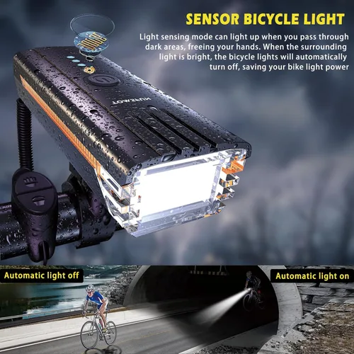 Vista 3 de Luces de bicicleta recargables USB-C ultra brillantes con bocina electrónica, faros de bicicleta con haz alto y bajo, 4 luces de bicicleta de modo