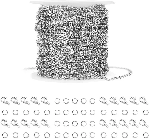 WXJ13 Cadena de cable de eslabones de acero inoxidable plateado de 36 pies con 20 cierres de langosta y 30 anillos de salto para hombres y mujeres,
