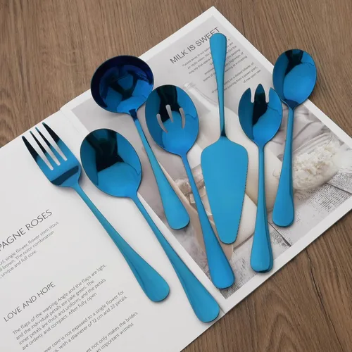 Vista 5 de Juego de 8 utensilios azules para servir, juego de cubiertos de acero inoxidable, incluye servidor de pasteles, cuchara ranurada, cuchara