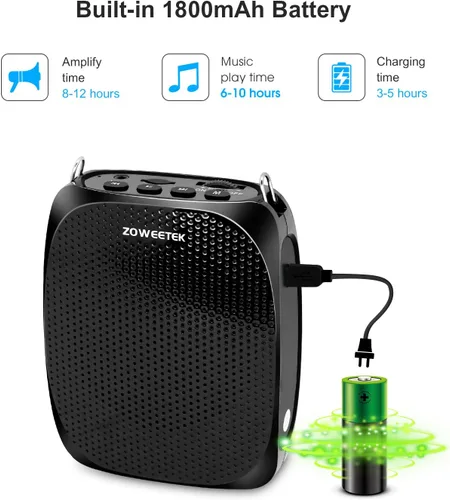 Vista 5 de ZOWEETEK ZW-Z258 Mini amplificador de voz recargable portátil para profesores con micrófono con cable y cintura, compatible con formato MP3 audio