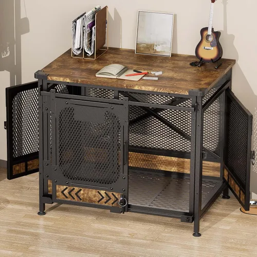 Vista 7 de Jaula grande para perros de 37.9 pulgadas, estilo mueble, con almohadilla para mesa auxiliar, jaula resistente para perros medianos y grandes