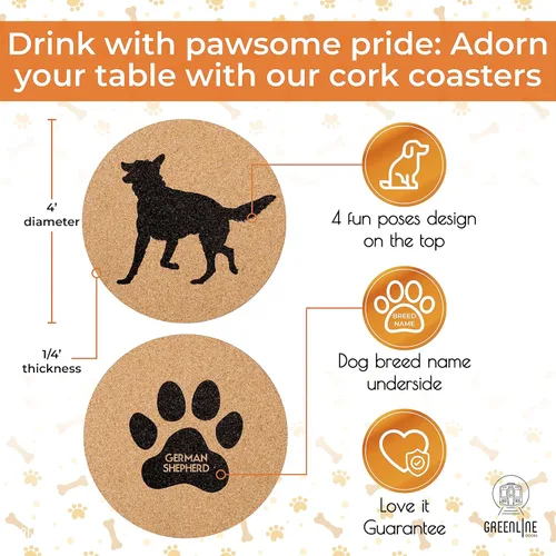 Vista 4 de Portavasos de corcho para amantes del pastor alemán, juego de 4 con parte inferior protectora, decoración de perro para bebidas, gran idea de regalo