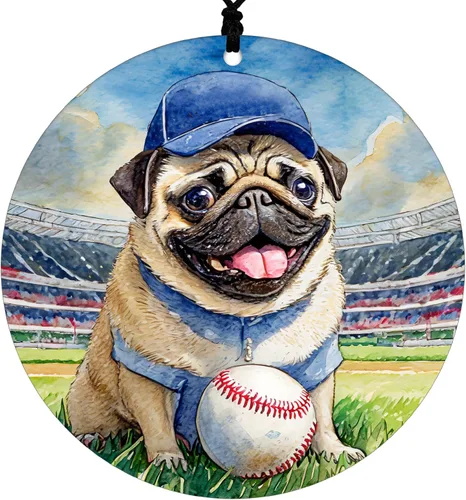 Adorno de Navidad de Pug – Decoración deportiva colgante para el hogar con gráfico temático de béisbol – Decoración de disco acrílico 2025 para