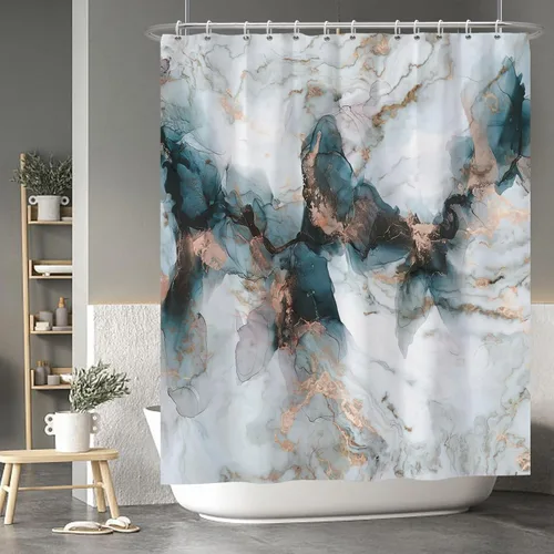 Vista 174 de Baocicco Cortina de ducha de mármol azul abstracto a rayas, decorativa, textura de lujo, línea moderna, decoración de acuarela, juego de cortinas