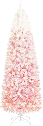 Vista 15 de Yaheetech Árbol de Navidad de Abeto Tipo Lápiz Preiluminado con Nieve Artificial de 6 pies con Bisagras, Árbol de Navidad Delgado para Esquina