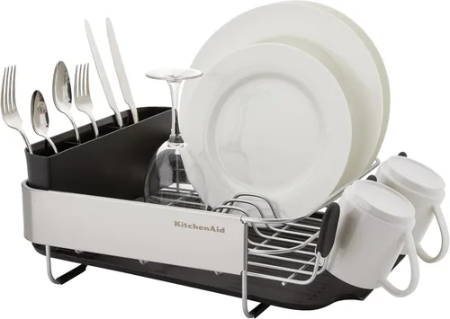 Vista 4 de KitchenAid Escurridor de platos compacto, que ahorra espacio, resistente al óxido con organizador de cubiertos extraíble y bandeja de escurrido Negro