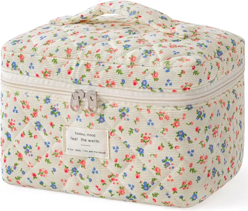 Vista 17 de HBselect Bolsa de Maquillaje Acolchada, Bolsa de Maquillaje Grande de Algodón para Viaje, Lindas Bolsas de Maquillaje con Flores Coquette, Bolsas
