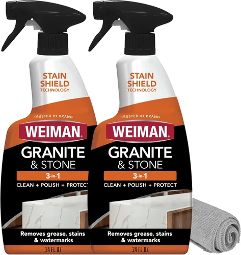Weiman Limpiador de granito y piedra 3 en 1, elimina grasa, manchas y marcas de agua, fórmula sin rayas con tecnología de protección contra manchas,