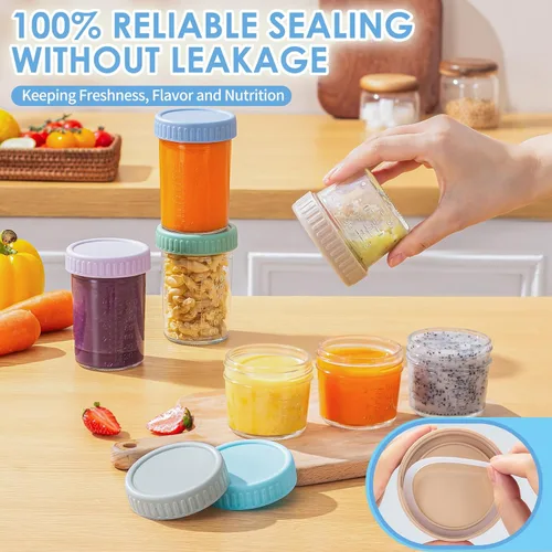Vista 4 de DRKIO Paquete de 6 recipientes de vidrio para almacenamiento de alimentos para bebés - tarros de comida para bebés de 4 y 8 onzas con tapas