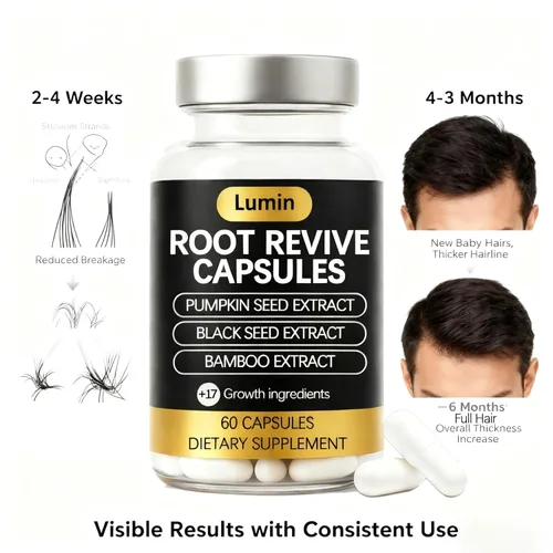 Vista 5 de Cápsulas Lumin Root Revive – Suplemento de apoyo capilar para cabello fino, cuero cabelludo saludable y grosor – Con biotina, semilla negra, bambú