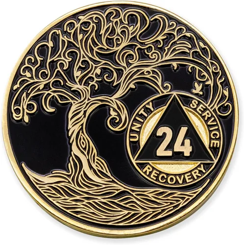 Vista 144 de 1 año Sobriety Mint Twisted Tree of Life Medallón de recuperación AA chapado en oro, chip/ficha - negro