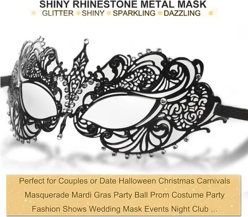 Vista 16 de Máscara de mascarada para mujer, estilo veneciano, con diamantes de imitación brillantes, para fiesta, de metal