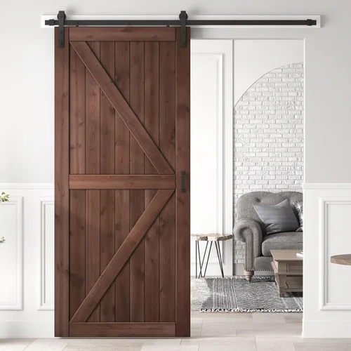 Vista 10 de Losa de puerta corrediza de madera de granero de 36 x 84 pulgadas (puerta doble de 18 x 84 pulgadas) con kit de herramientas y mango de 6.6 pies