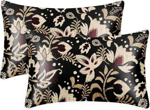 Vista 43 de EXQ Home - Funda de almohada de satén para cuidar el cabello y la piel, tamaño estándar, de seda con estampado negro, juego de 2 fundas con cierre