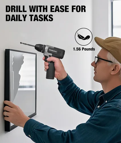Vista 2 de WORKPRO Juego de taladro inalámbrico de 8 V, taladro eléctrico de 2 Ah con portabrocas sin llave de 3/8 pulgadas, 15 puntas, carga tipo C, LED