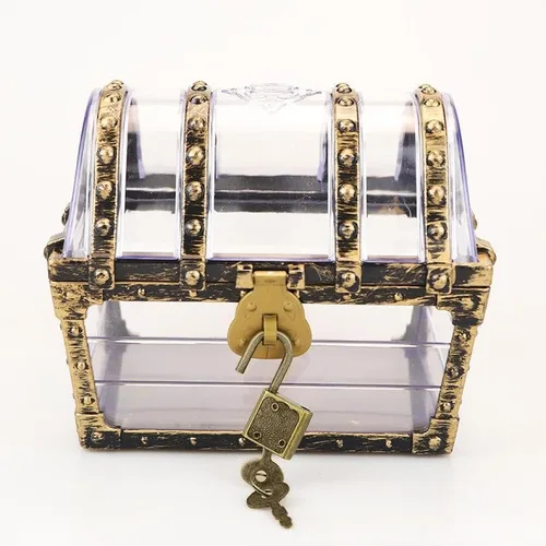 Cofre del tesoro pirata antiguo con cerradura y llave, caja de almacenamiento de joyería vintage transparente para decoración del hogar
