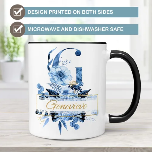 Vista 4 de Personalized Blue Floral Monogram Name Coffee Mug Beautiful Flowers Initial Custom Microwave Dishwasher Safe Cup