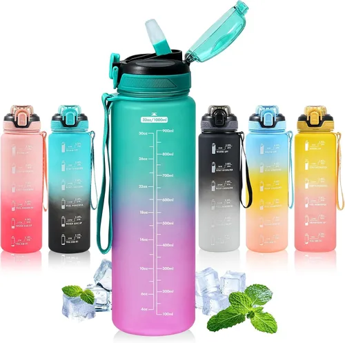 Vista 9 de Botella de agua con popote de 1 litro, botellas de agua para niños con popote de 1 litro, botella de agua deportiva a prueba de fugas, botellas