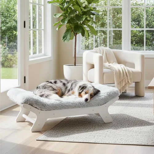 Vista 9 de Muihood Marco de cama elevado de madera para perro y colchón de espuma para jaula de huevos, lujoso adecuado para mascotas de hasta 80 libras